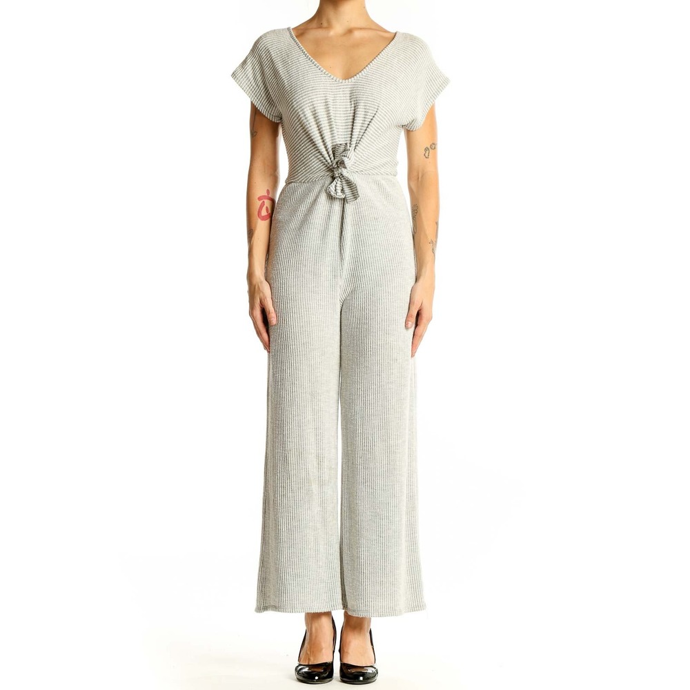 Caution to the Wind Anthropologie Gray Striped Wide Leg Tie Front Knit Jumpsuit